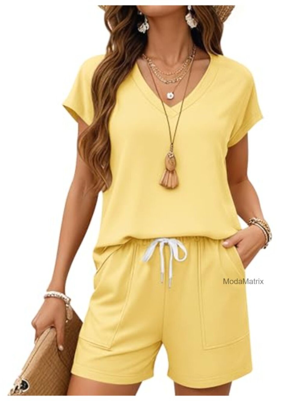 Women's 2 Piece Lounge Short Set V-Neck Knit Matching Outfit